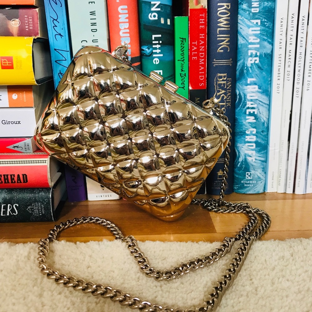 Mango Quilted Gold Metal Clutch with Strap